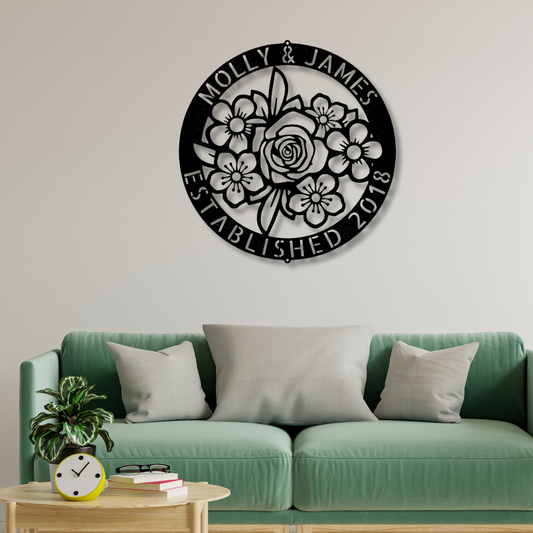 Personalized Floral Ring Metal Steel Sign, Custom Name Floral Monogram For Newly Weds, Anniversary Gift , Housewarming Gifts, Wedding Gift