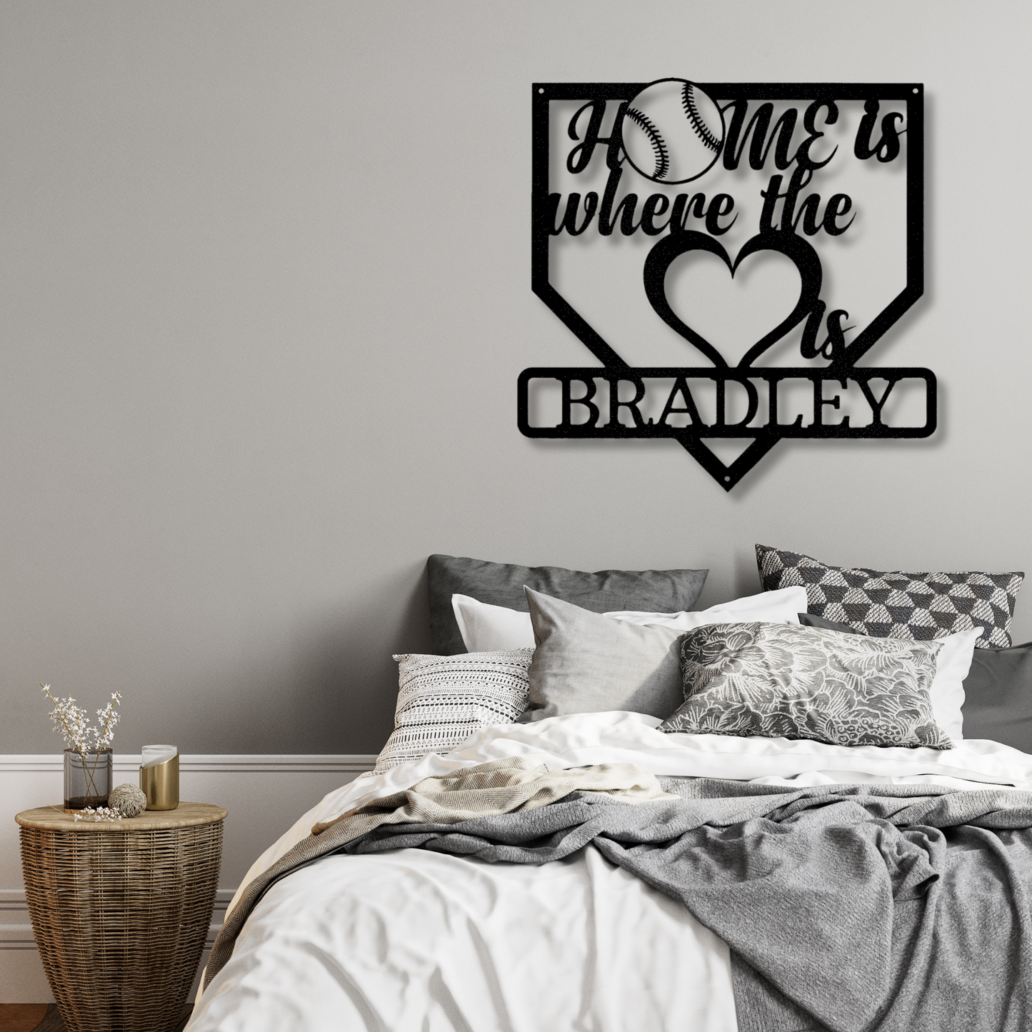 Personalized Home Plate Metal Sign, Heart Name Baseball Metal Sign, Customized Family Name Sign, Kids Room Wall Decor