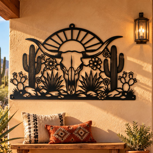 Western Desert Bull Skull Metal Wall Art, Cactus Scene Sign, Southwestern Home Decor, Rustic Longhorn & Sun Metal Sign, Patio Wall Decor