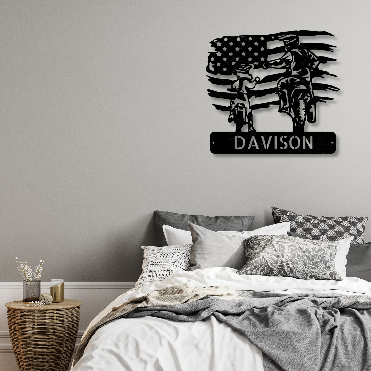Personalized American  Motocross Family Name Metal Sign, Custom US Flag Motocross Dad And Son Metal Wall Art, Housewarming Gift For A Rider Family, X-Mass Wall Art Decor.