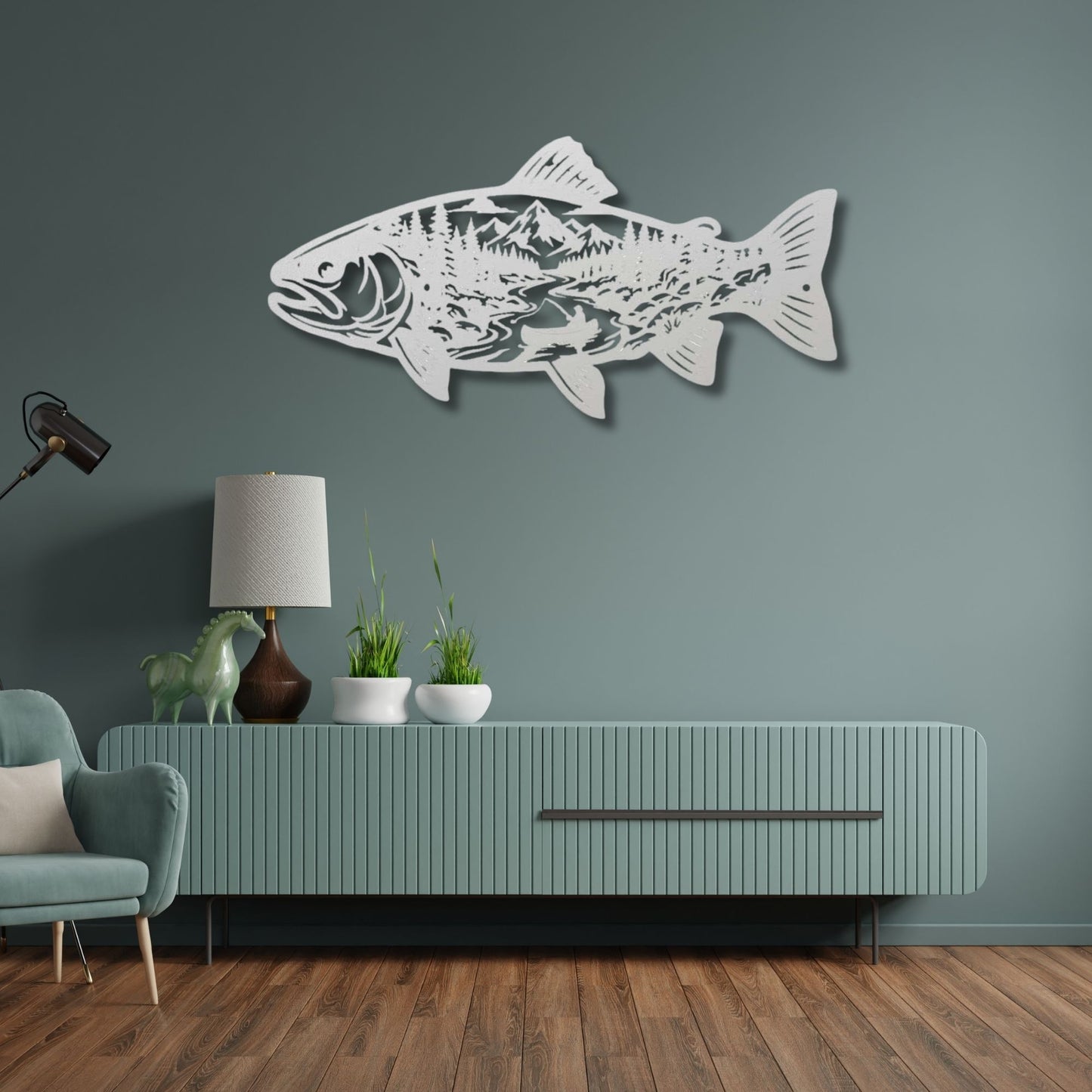 Fish Metal Wall Art Mountain Landscape Decor, Lake House Signs, Fisherman Gift, Cabin Wall Decor, Outdoor Nature Metal Signs, River Art