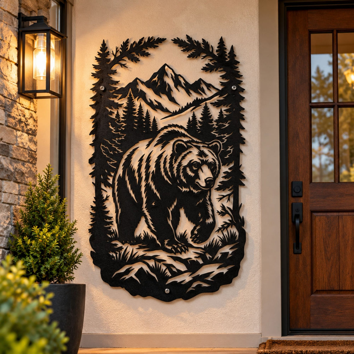 Mountain Bear Metal Wall Art, Wildlife Pine Tree Forest Scene Sign, Rustic Cabin Home Decor, Outdoor Patio Wall Hanging, Lodge Gift
