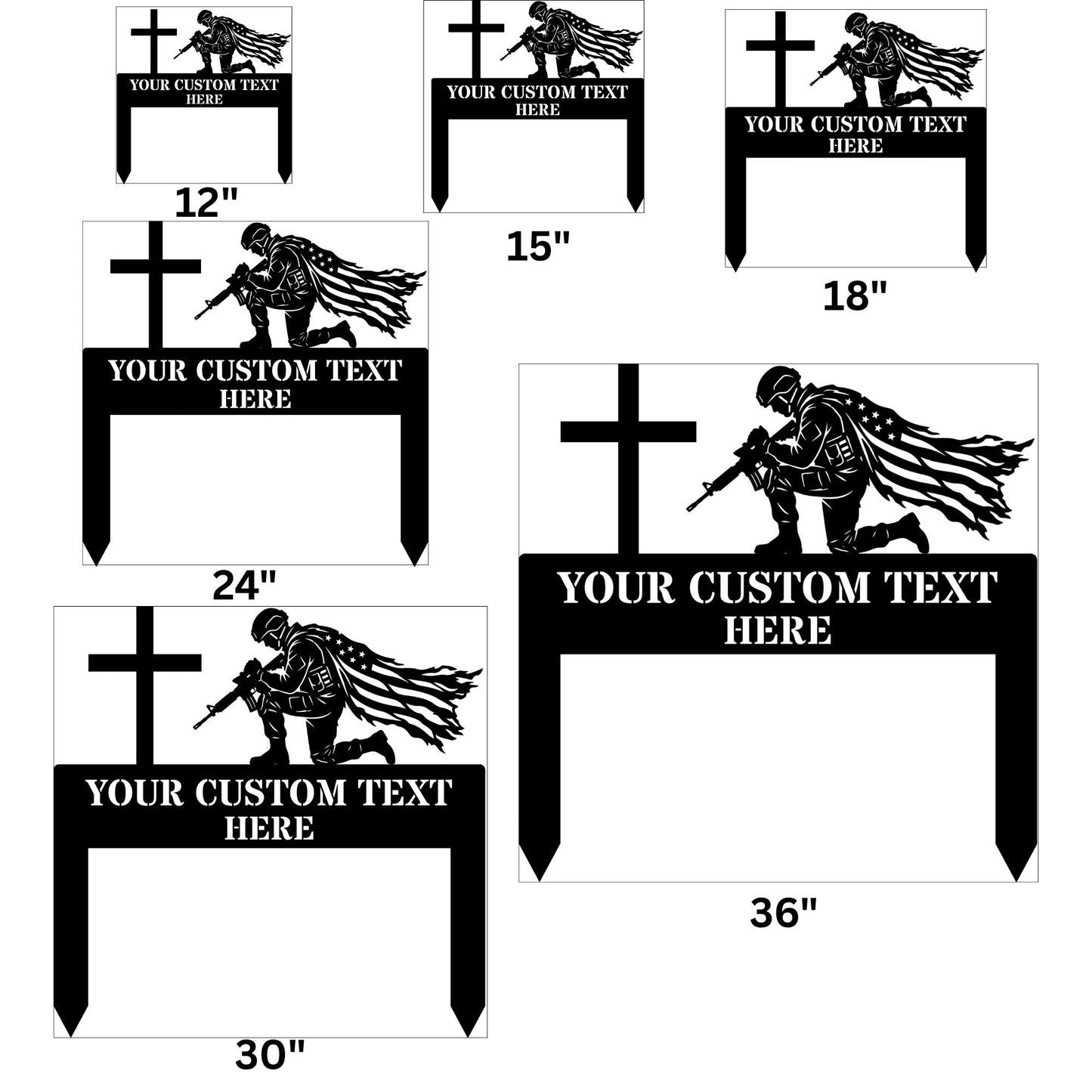 Personalized Military Tribute Metal Wall Art with Cross and Soldier Silhouette, Custom Military Tribute Metal Stake, Kneeling Soldier Memorial, Cross Weatherproof Outdoor Cemetery Grave Marker, Veteran Remembrance Gift