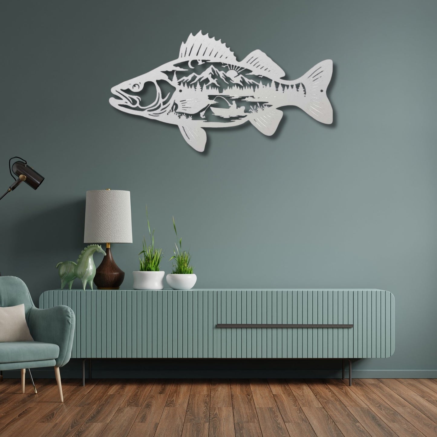 Metal Fish Wall Art Mountain Scene, Fisherman Gift for Men, Lake House Decor, Bass Metal Sign, Cabin Wall Art, Outdoorsman Gift for Dad