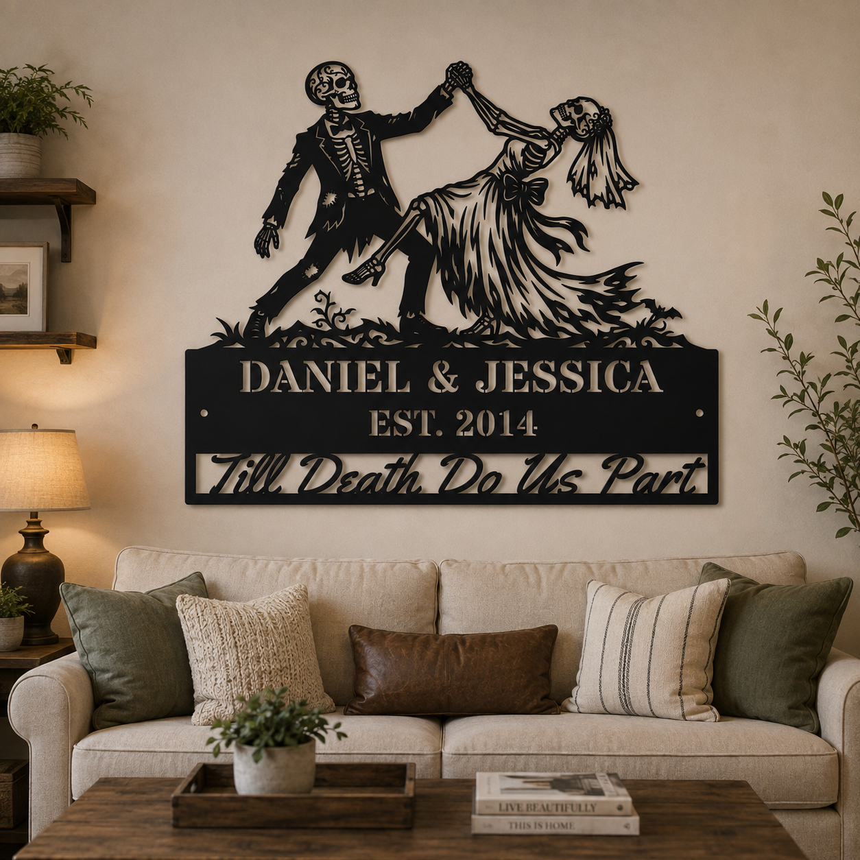 Personalized Gothic Metal Wall Art, Skeleton Bride & Groom Wedding Sign, Till Death Do Us Part Decor, Custom Anniversary Gift for Couples