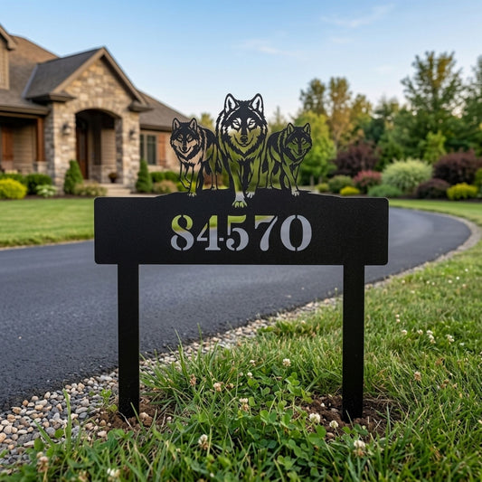 Custom Wolf Pack Metal Address Sign - Personalized House Number Plaque - Outdoor Metal Wall Art - New Homeowner Gift