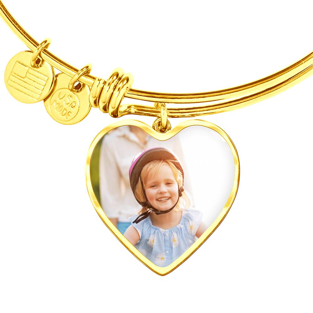 Pet Photo Bangle, Heart Bangle with Picture, Name Engraved Bangle, Gift for Her, Custom Photo Pendant Bangle, Heart Shaped Picture Charm