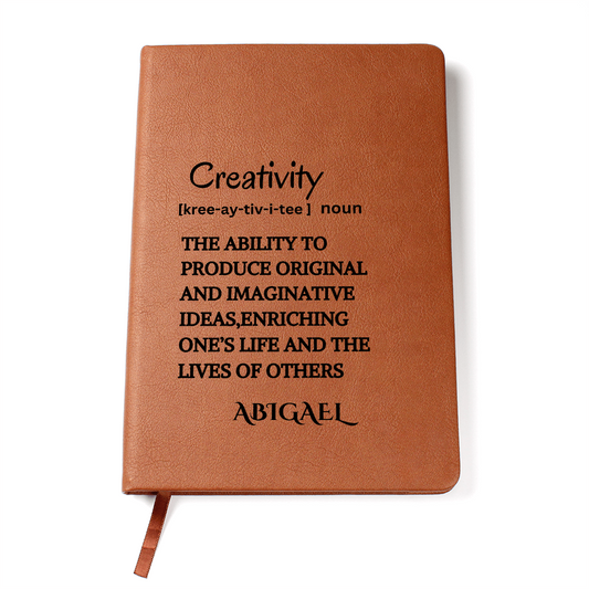 Creativity Definition Personalized Vegan Leather Journal, Custom Motivational Mentor & Coworker Gift, Positive & Eco-Friendly Unique Stationery