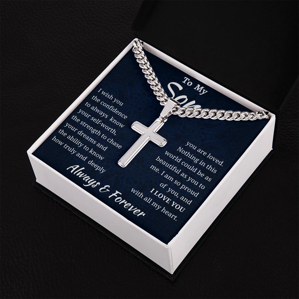 To My Son Engraved Cross Chain