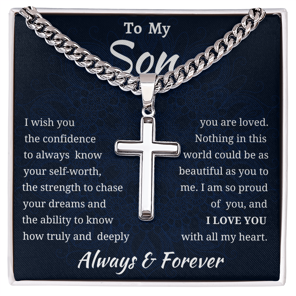 To My Son Engraved Cross Chain
