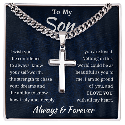 To My Son Engraved Cross Chain