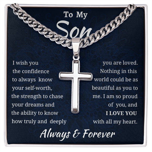 To My Son Engraved Cross Chain