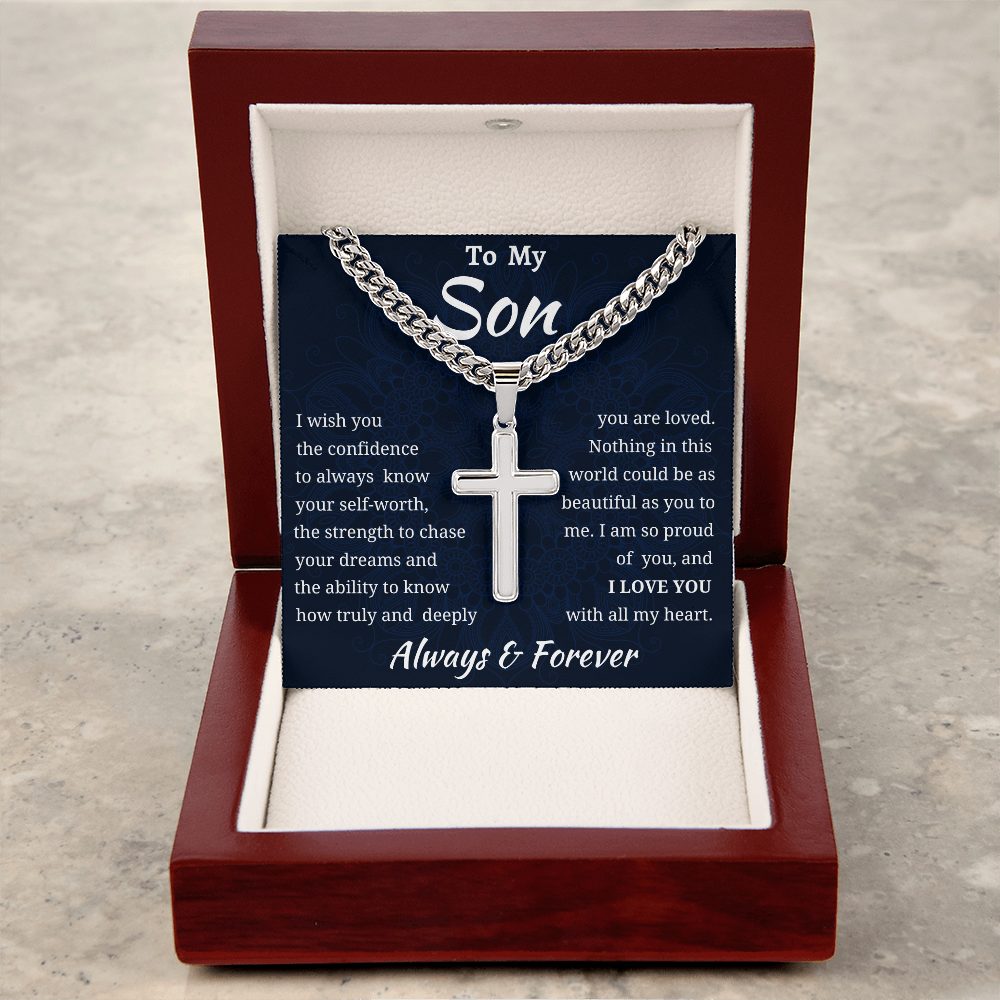 To My Son Engraved Cross Chain