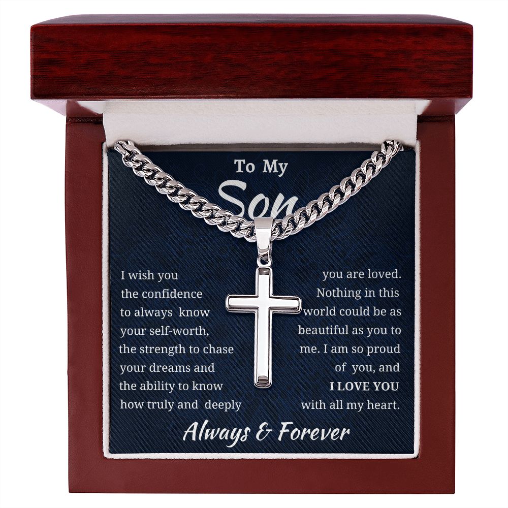To My Son Engraved Cross Chain