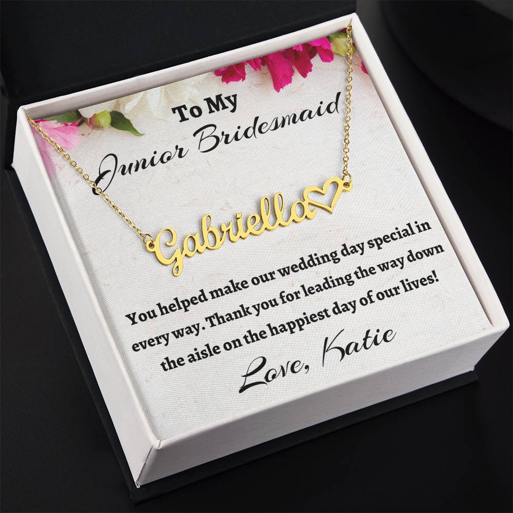 To My Junior Bridesmaid Heart Signature Name Necklace, Personalized Bridesmaid Gift, Wedding Anniversary Gift, Custom Name Flower Girl Gift, Gift For Her, Appreciation Gift.