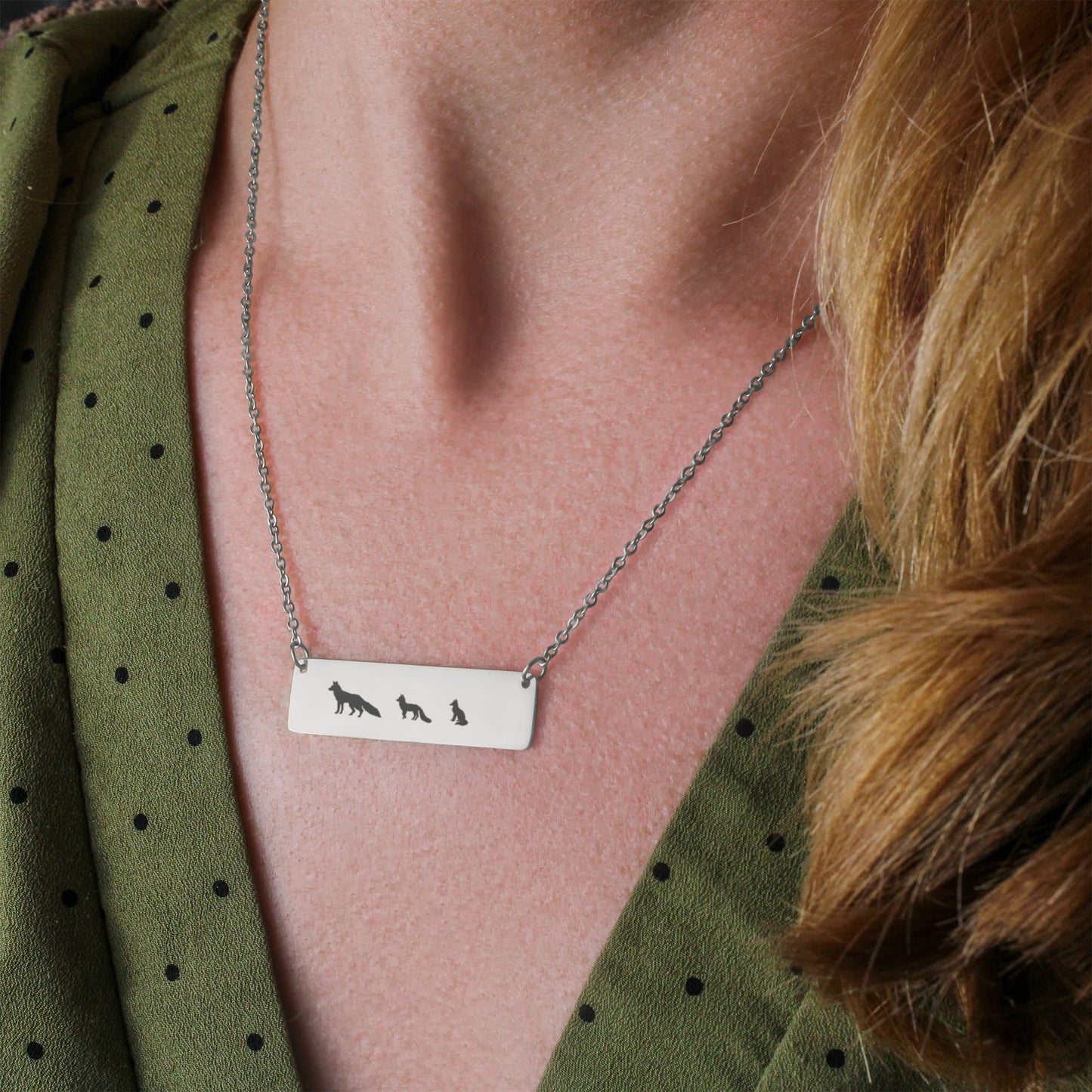 Mom  Fox With Babies Necklace, Fox  Mom Jewelry Engraved on a Horizontal Bar Necklace, Birthday Gift  Mom.