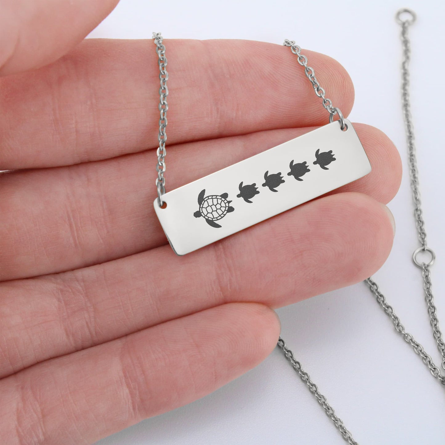 Engraved Turtle Mom Bar Necklace, Turtle Mama Necklace, Sea Turtle With Babies Bar Necklace.