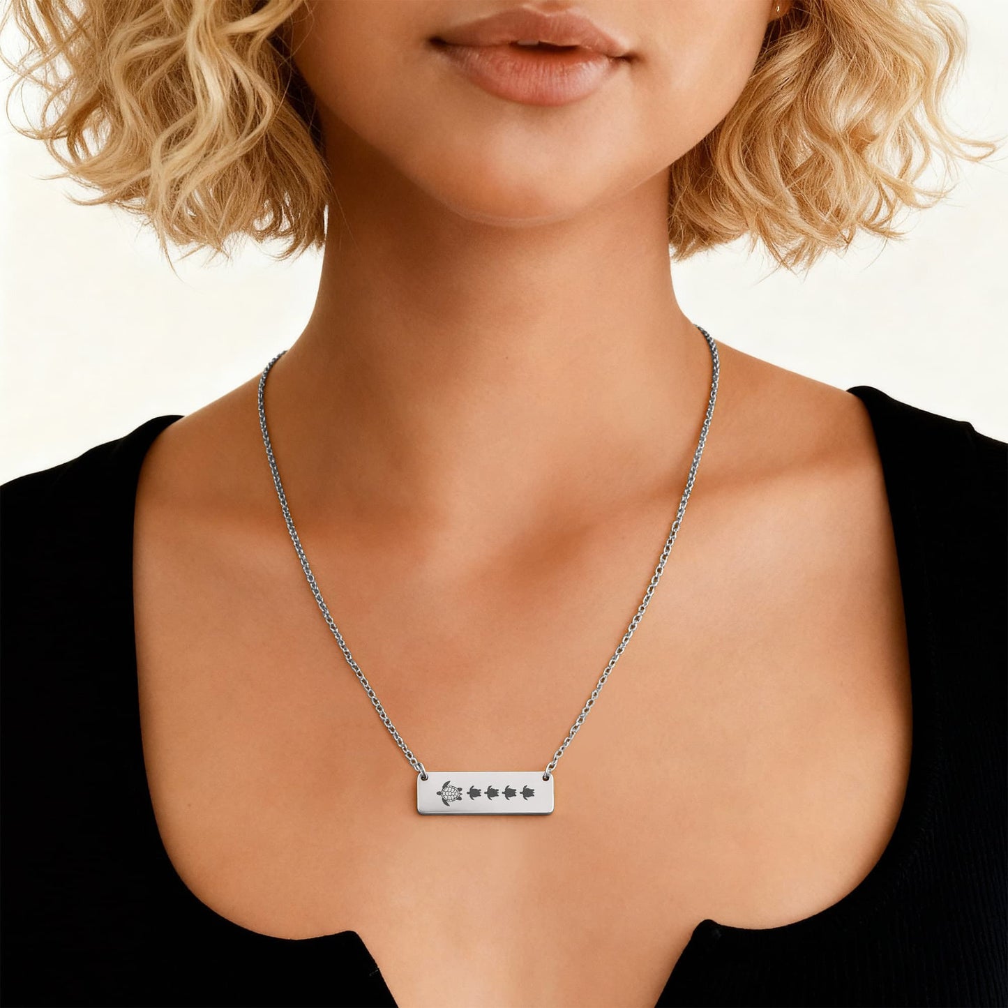 Engraved Turtle Bar Necklace, New Mama Turtle Necklace, Mom Turtle With Babies Bar Necklace.