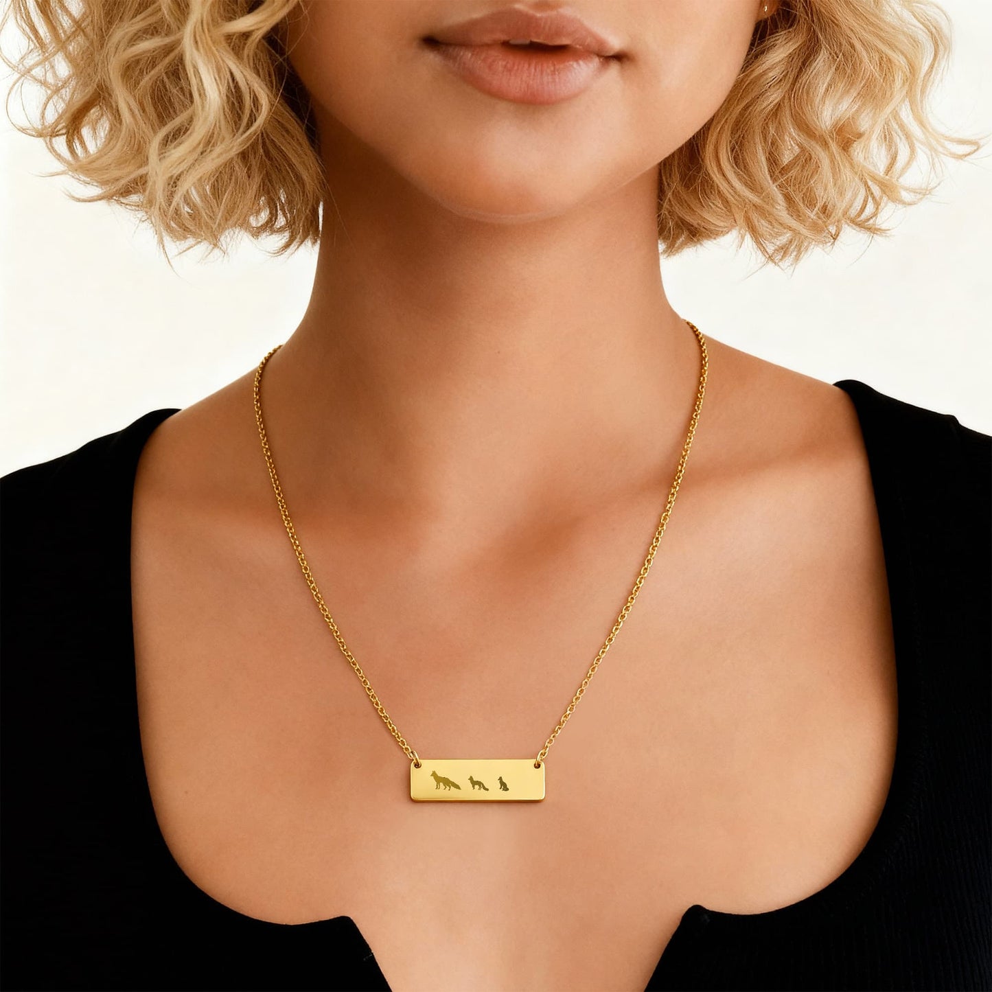 Mom  Fox With Babies Necklace, Fox  Mom Jewelry Engraved on a Horizontal Bar Necklace, Birthday Gift  Mom.
