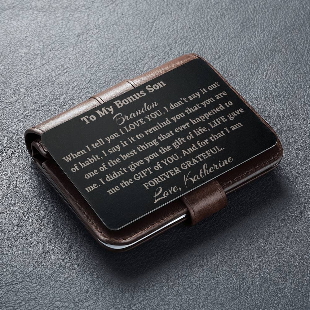 Bonus Son Engraved Metal Wallet Card, Gift to Stepson from Bonus Mom, Gift from Stepmom, Bonus Son Birthday Gift or Christmas Gift