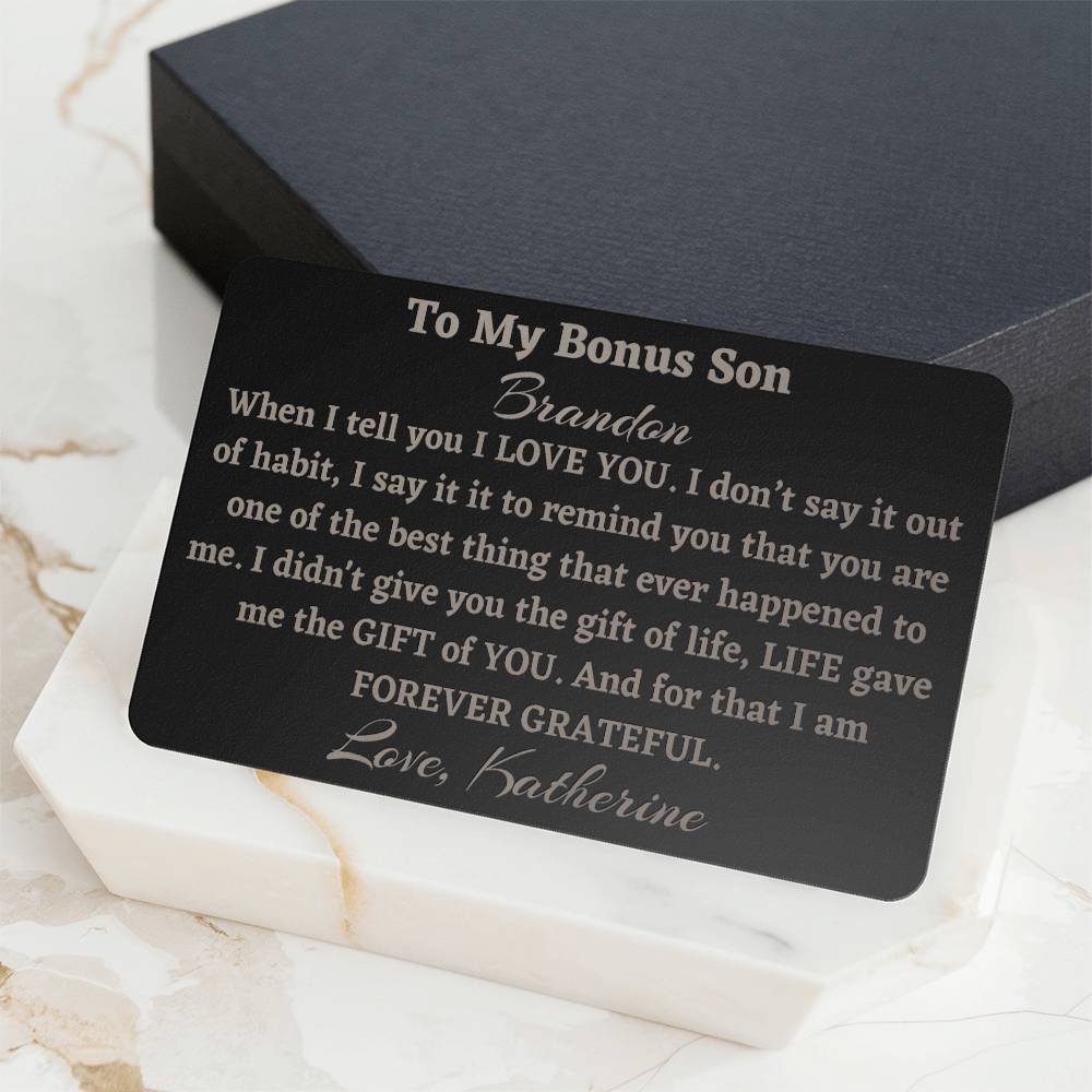 Bonus Son Engraved Metal Wallet Card, Gift to Stepson from Bonus Mom, Gift from Stepmom, Bonus Son Birthday Gift or Christmas Gift