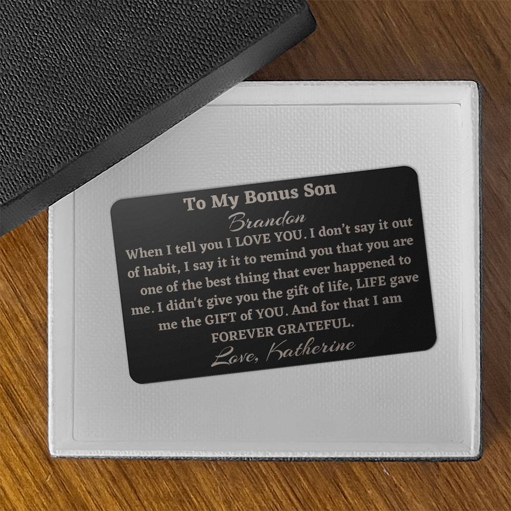 Bonus Son Engraved Metal Wallet Card, Gift to Stepson from Bonus Mom, Gift from Stepmom, Bonus Son Birthday Gift or Christmas Gift