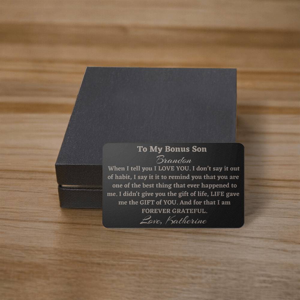 Bonus Son Engraved Metal Wallet Card, Gift to Stepson from Bonus Mom, Gift from Stepmom, Bonus Son Birthday Gift or Christmas Gift