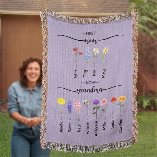 Custom Birth Flower Blanket,Mom Blanket with Kids Name,First Mom Now Grandma Sign,Birth Flower Blanket,Gift for Mom from Daughter/Son