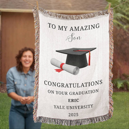 To my son, Custom Graduation Blanket, University Name, Cap and Scroll Design, Personalized Gift, Graduation Keepsake