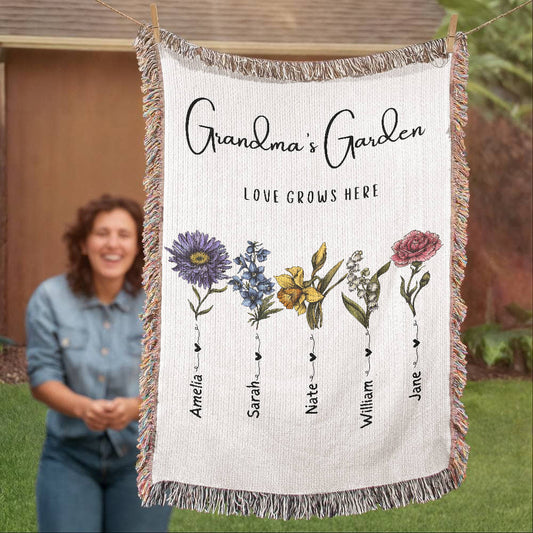 Custom Grandma Garden Blanket, Personalized Birth Flower Blanket, Granny Keepsake Gift, Mother's Day & Christmas Gift