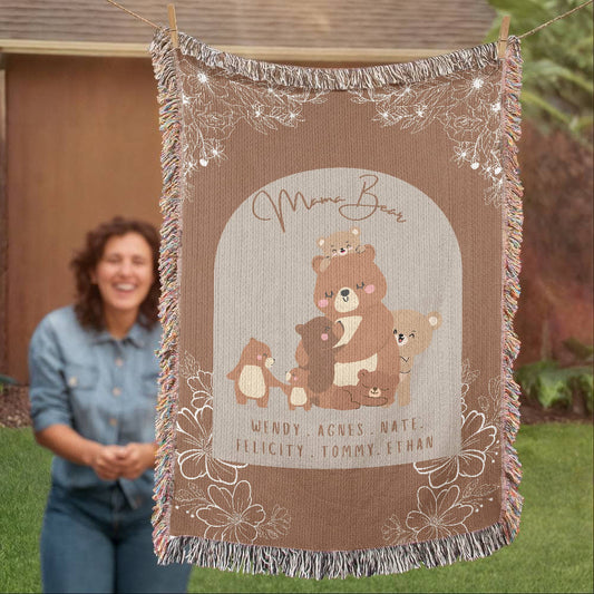 Mama Bear Personalized Blanket, Custom Mom Gift, Family Name Tapestry, Cottagecore Woven Throw, Gift for New Mom, Mommy to Be Blanket