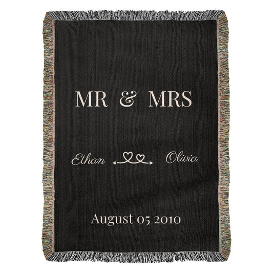 Mr & Mrs Custom Woven Blanket,  Personalized Name  Blanket, Anniversary Gift Prints, Wedding Gift, Cotton Anniversary, Woven Throw blanket