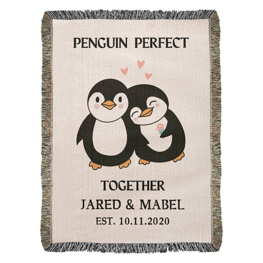 Penguin Couple Tapestry Blanket, Personalized Anniversary Gift, Custom Name Cottagecore Woven Blanket, First Christmas Gift For Couple Gift