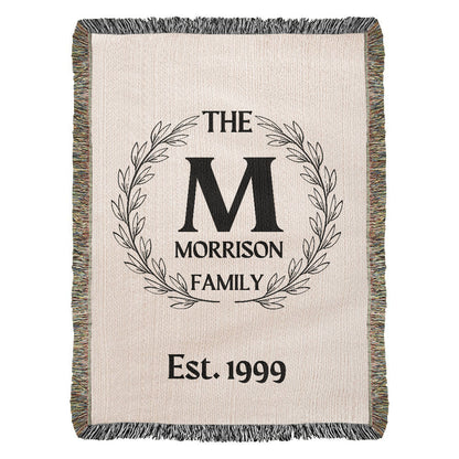 Personalized Name Wreath Monogram, Family Cotton Woven Throw Blanket, Custom Family Name Blanket, Anniversary Gift, Christmas Wedding  Decor