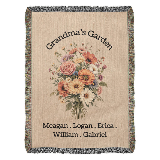 Mom's Family Garden Blanket, Custom Birth Flower Throw, Personalized Name Blanket, Sentimental Gift for Mom,Unique Woven Family Throw