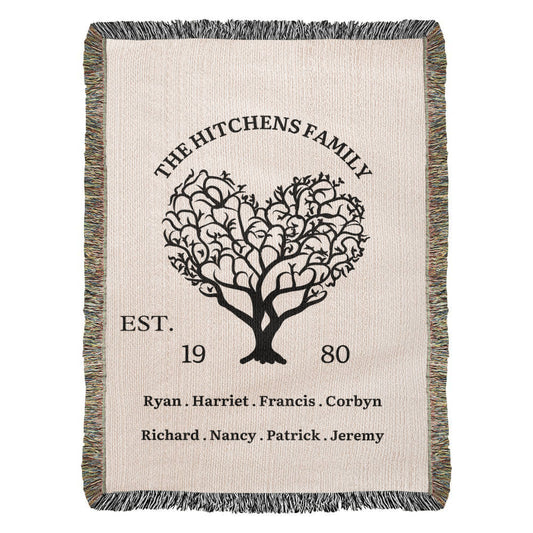 Custom Traditional Heritage Family Tree Blanket With Custom Names, Personalized Sentimental Ancestry Woven Decor, Cottagecore Tapestry Throw