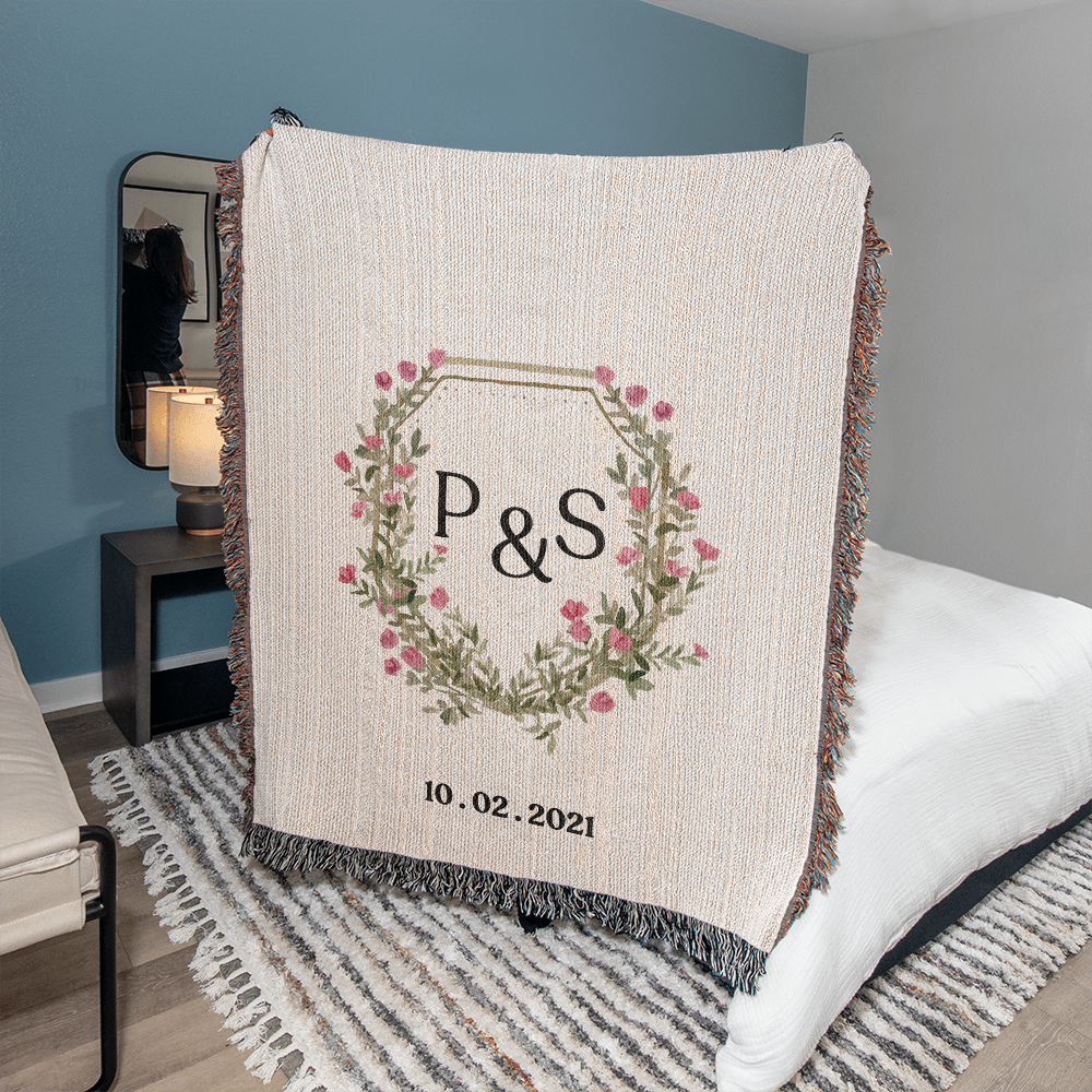 Custom Initials Floral Monogram  Blanket, Monogram Woven  Throw, Personalizable Blanket, Wedding Gift, Anniversary Gift, Valentines Day Present for Couples