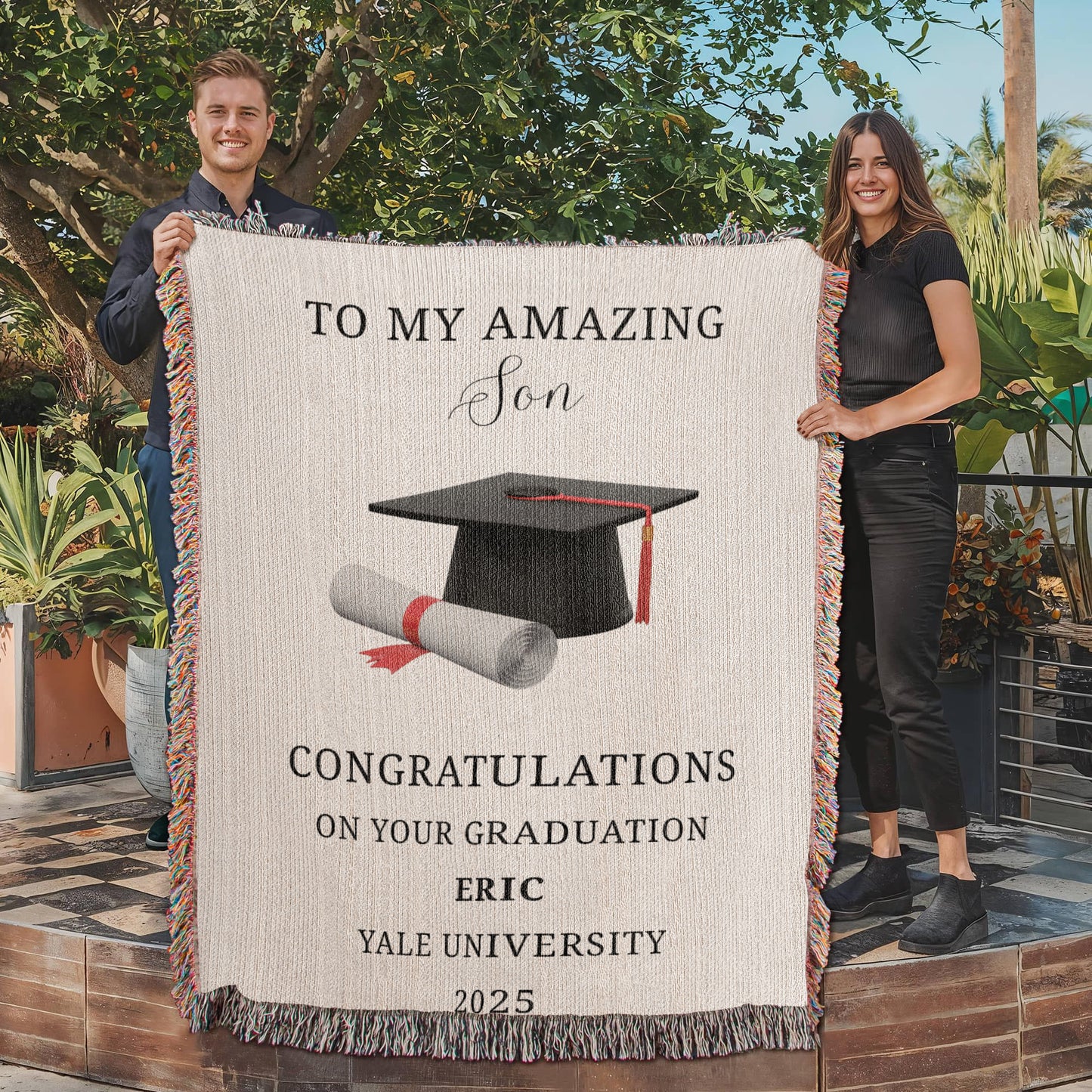 To my son, Custom Graduation Blanket, University Name, Cap and Scroll Design, Personalized Gift, Graduation Keepsake