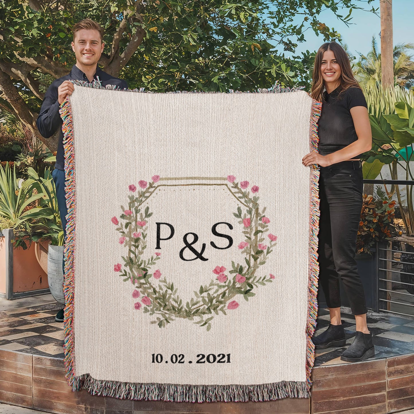 Custom Initials Floral Monogram  Blanket, Monogram Woven  Throw, Personalizable Blanket, Wedding Gift, Anniversary Gift, Valentines Day Present for Couples