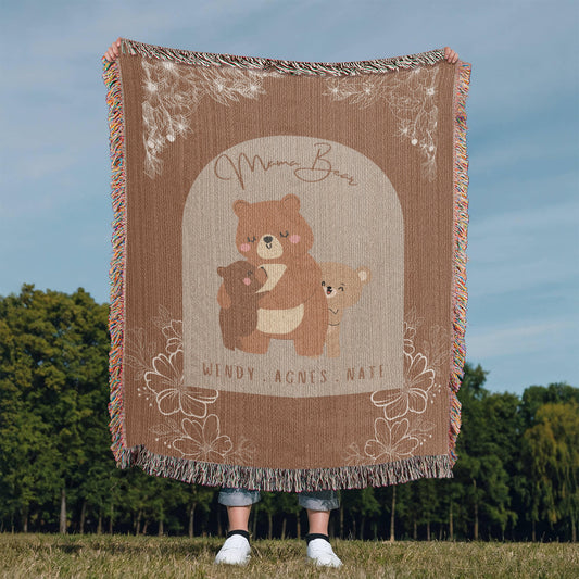 Mama Bear Throw, Personalized Blanket for Moms, Custom Family Name Tapestry, Cottagecore Woven Throw, Gift for Moms, Mama Bear Cubs