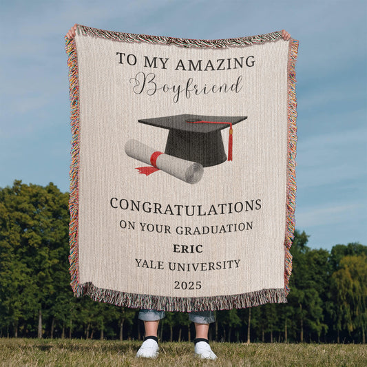 To My Boyfriend Graduation Blanket, Custom Name & University, Personal Throw Gift - Cap and Scroll Design, College Grad Gift