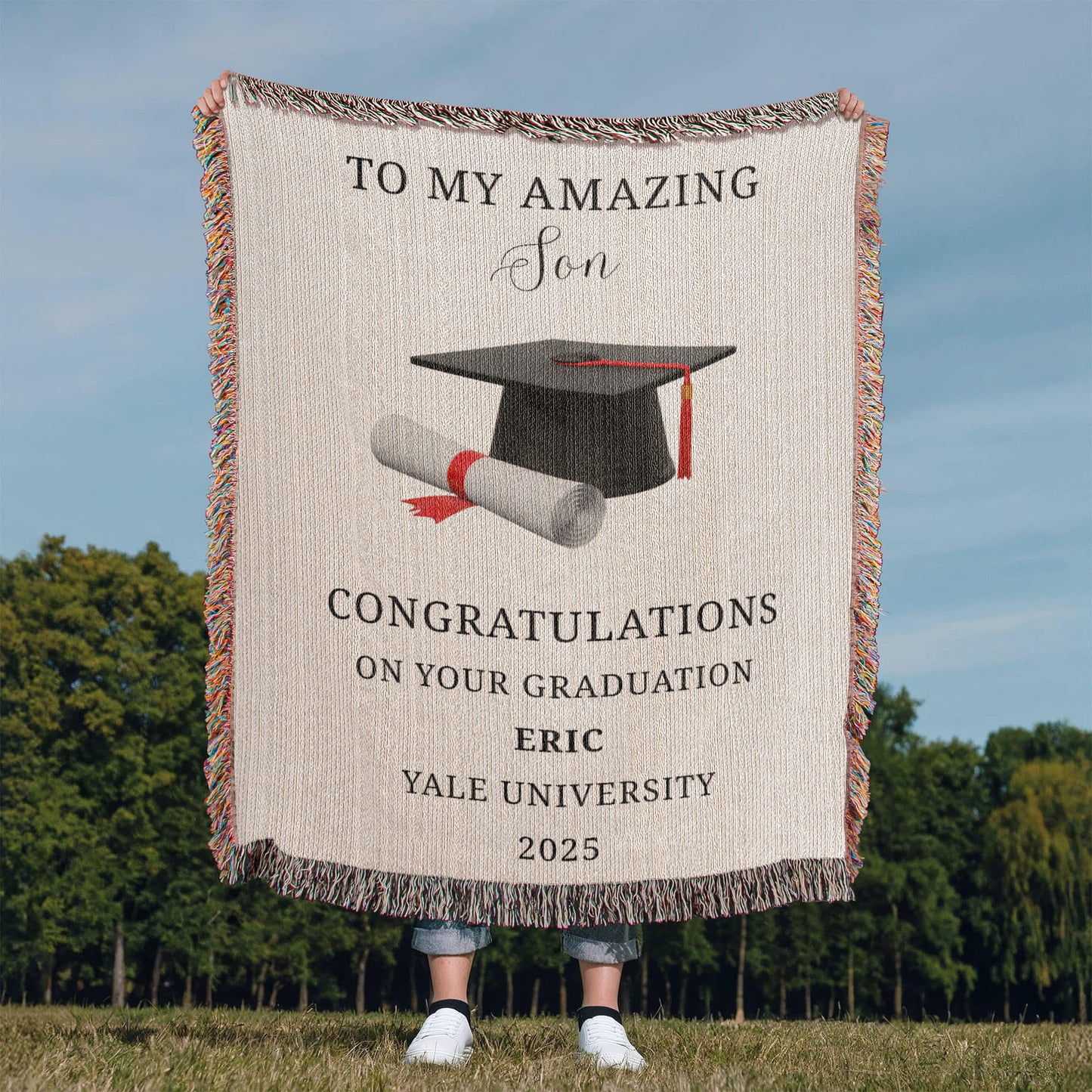 To my son, Custom Graduation Blanket, University Name, Cap and Scroll Design, Personalized Gift, Graduation Keepsake