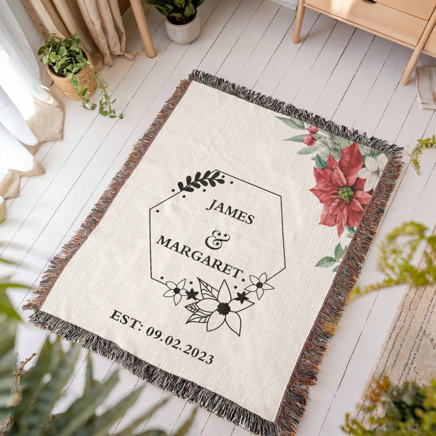 Personalized  Floral Wedding Blanket, Couples Custom Blanket, Wedding Throw Tapestry, His and Hers Gift, Mr and Mrs Blanket, Anniversary Present