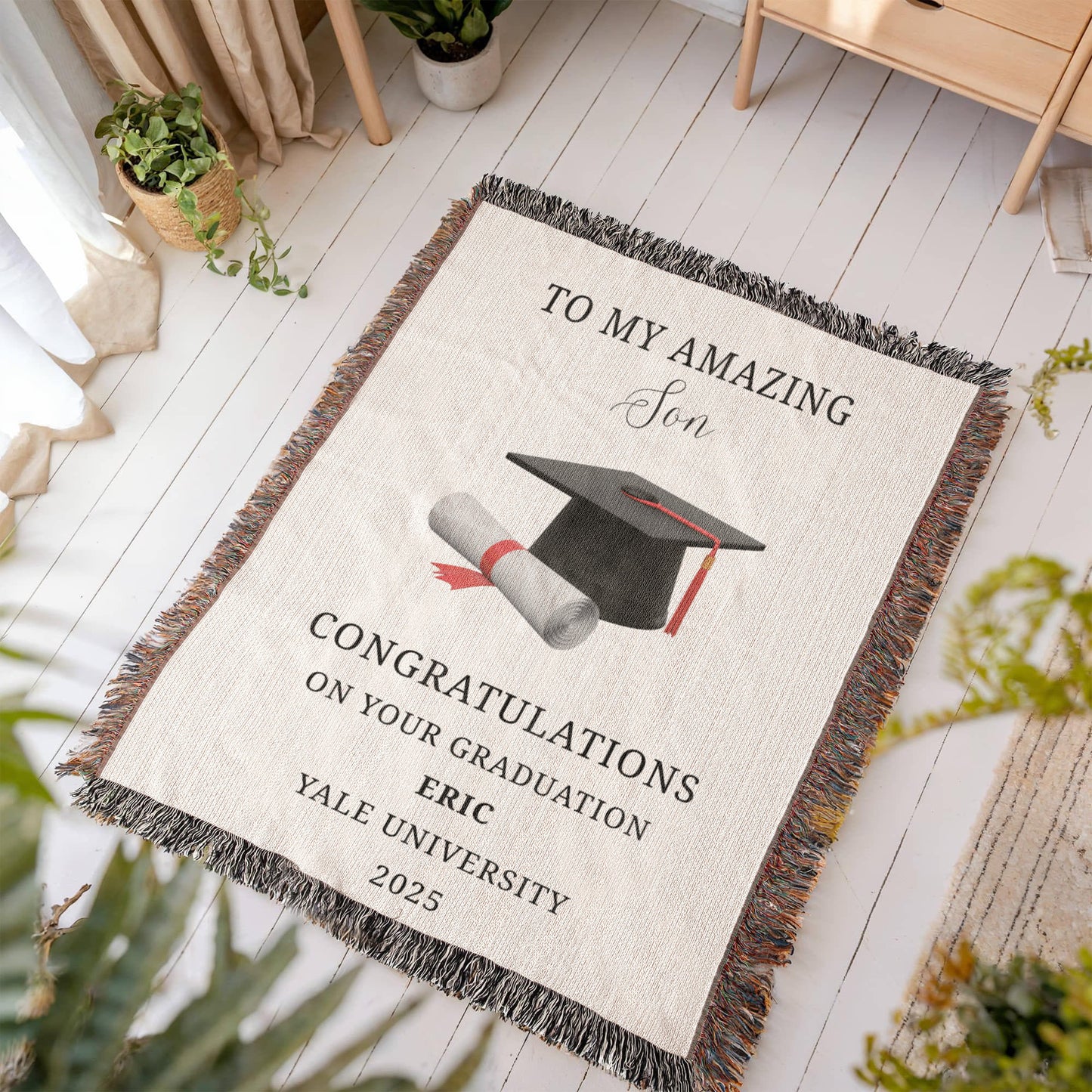 To my son, Custom Graduation Blanket, University Name, Cap and Scroll Design, Personalized Gift, Graduation Keepsake