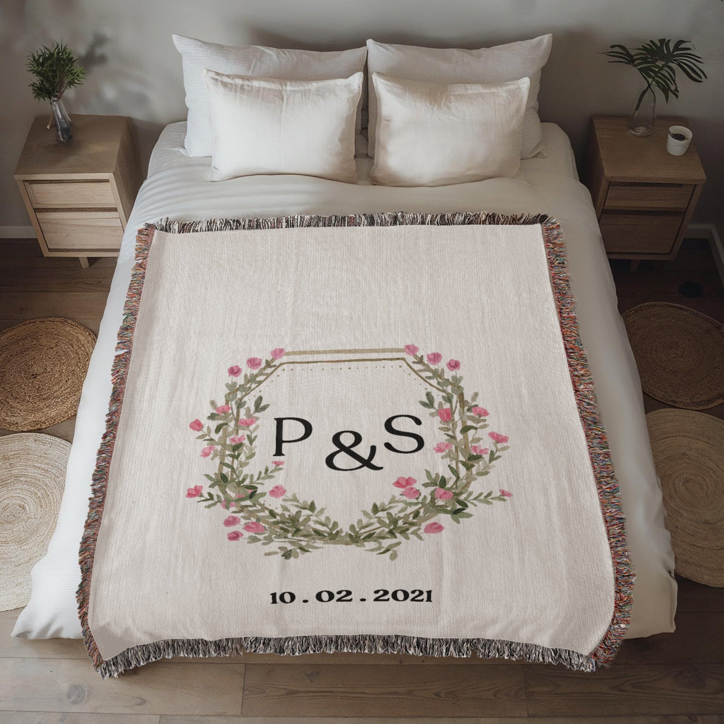 Custom Initials Floral Monogram  Blanket, Monogram Woven  Throw, Personalizable Blanket, Wedding Gift, Anniversary Gift, Valentines Day Present for Couples