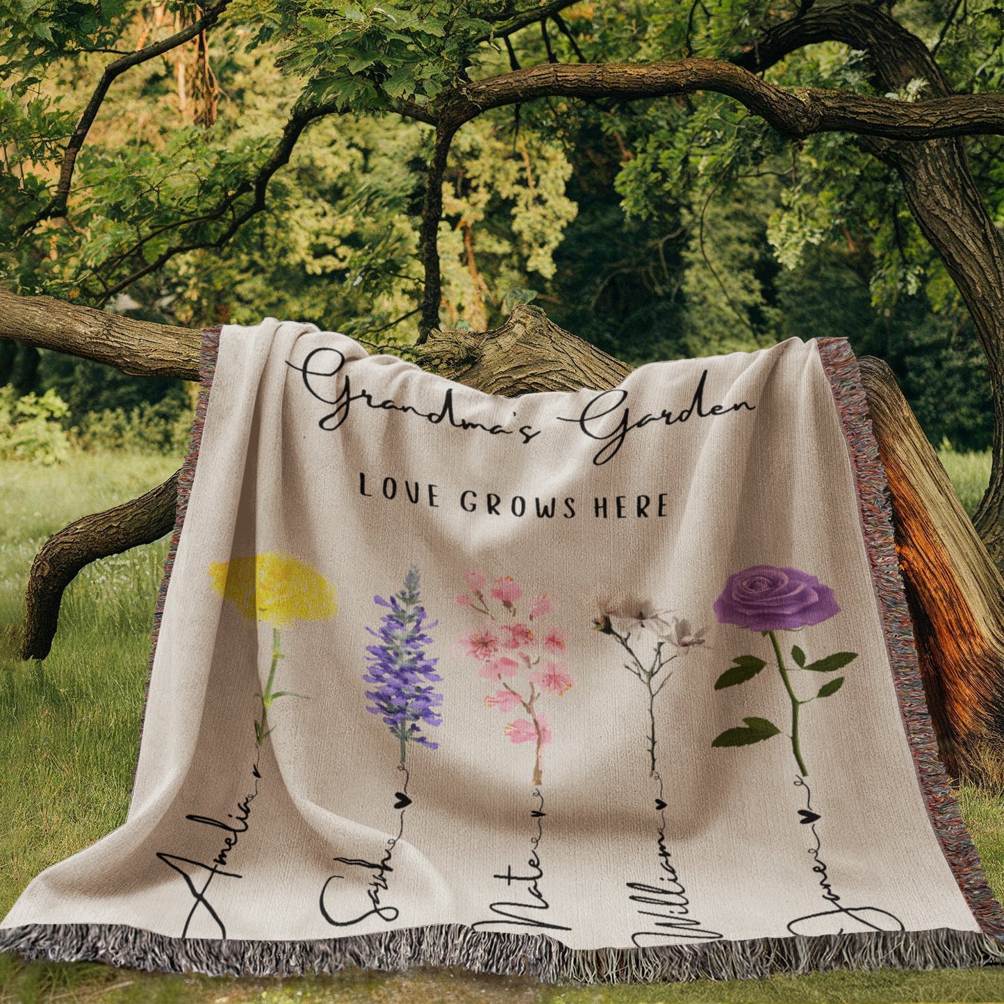 Custom Grandma Garden Blanket, Personalized Birth Flower Blanket With Grandkids Names, Granny Mother's Day, Christmas Gift, Special Keepsake