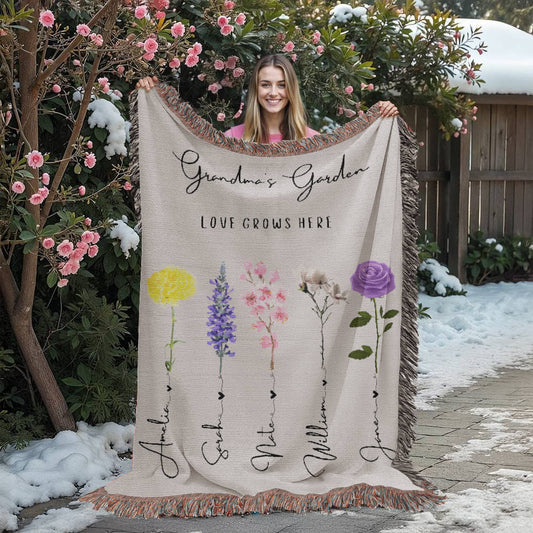 Custom Grandma Garden Blanket, Personalized Birth Flower Blanket With Grandkids Names, Granny Mother's Day, Christmas Gift, Special Keepsake
