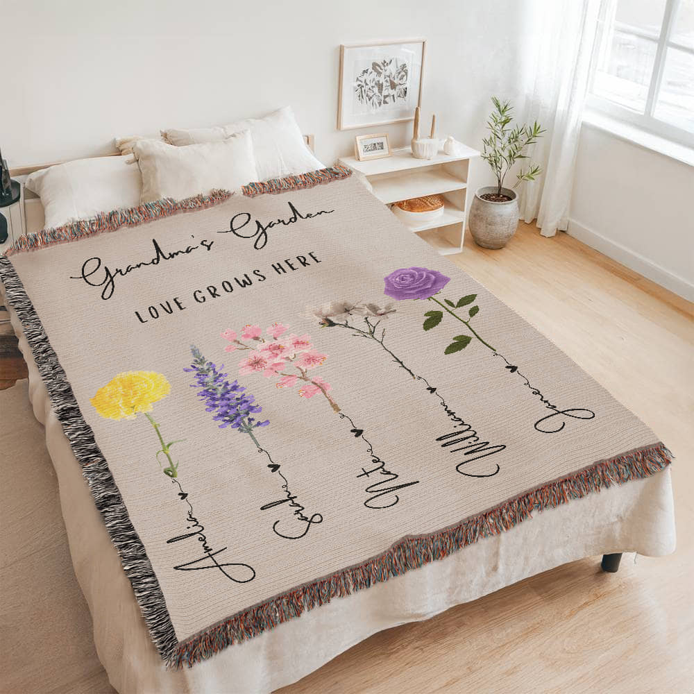 Custom Grandma Garden Blanket, Personalized Birth Flower Blanket With Grandkids Names, Granny Mother's Day, Christmas Gift, Special Keepsake