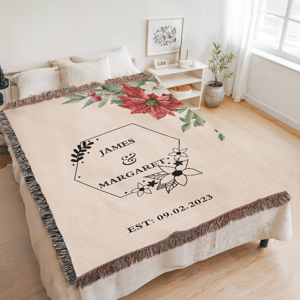 Personalized  Floral Wedding Blanket, Couples Custom Blanket, Wedding Throw Tapestry, His and Hers Gift, Mr and Mrs Blanket, Anniversary Present