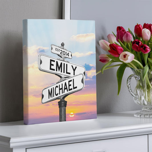 Personalized Name Street Sign Canvas, Vintage Wedding Art, Custom Name Date Decor, Ideal Anniversary Gift for Couples, Crossroads Sign Art